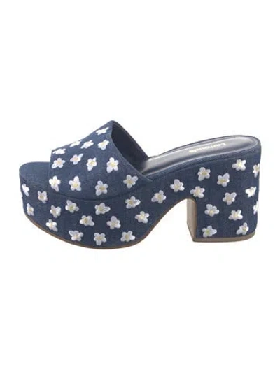 Pre-owned Larroude Denim Floral Print Slides In Blue