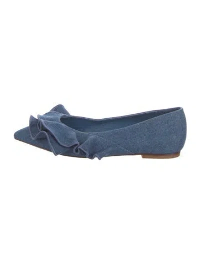 Pre-owned Larroude Denim Ruffle Embellishment Ballet Flats In Blue