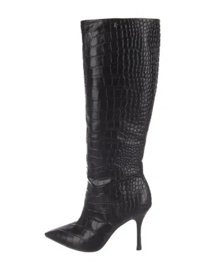 Pre-owned Larroude Embossed Leather Animal Print Boots In Black