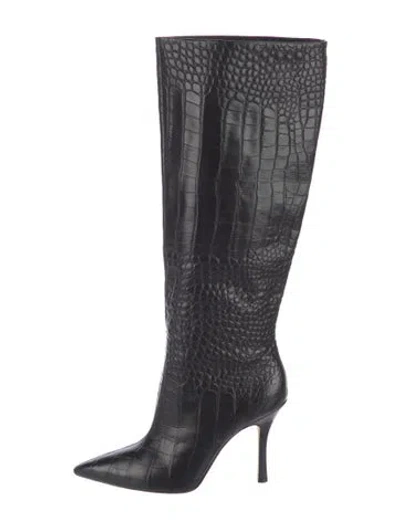 Pre-owned Larroude Embossed Leather Animal Print Boots In Black