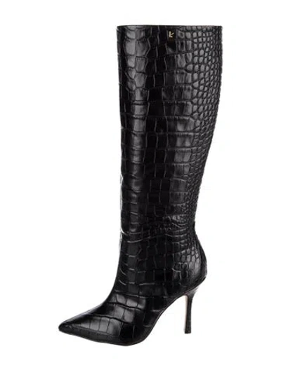Pre-owned Larroude Embossed Leather Animal Print Boots In Black