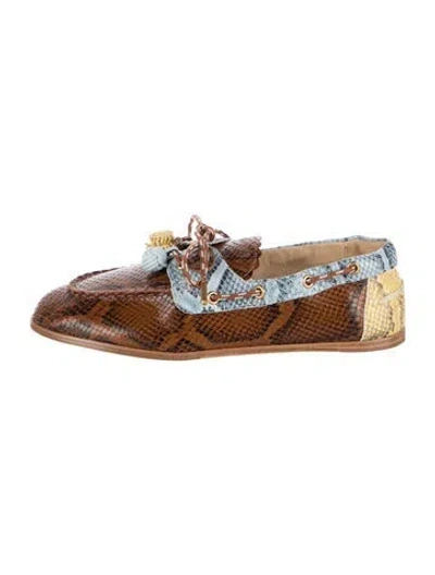 Pre-owned Larroude Embossed Leather Animal Print Loafers In Brown