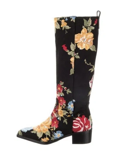 Pre-owned Larroude Felt Floral Print Rain Boots W/ Tags In Black