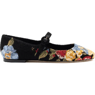 Larroude Larroudé X Markarian Flat In Floral Wool And Embroidery In Black