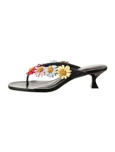 Pre-owned Larroude Flora Print Leather Flip Flops In Black