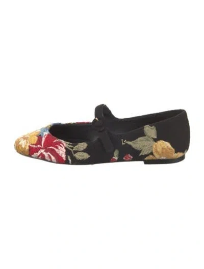 Pre-owned Larroude Floral Print Embroidered Accent Mary Jane Flats In Black