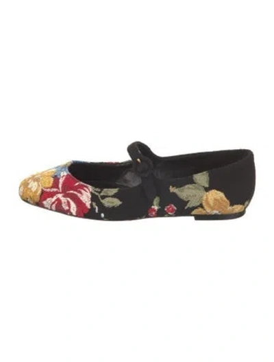 Pre-owned Larroude Floral Print Embroidered Accent Mary Jane Flats In Black