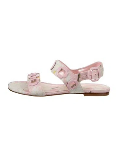 Pre-owned Larroude Floral Print Eyelet Trim Slides In Pink