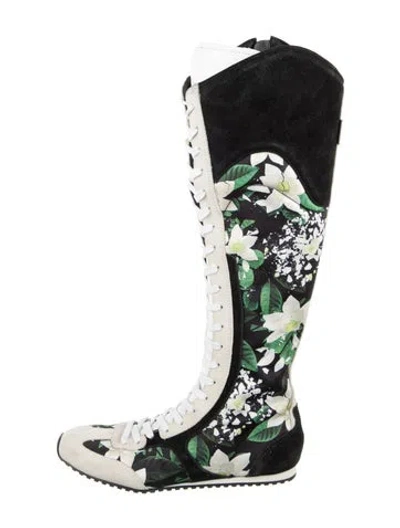 Pre-owned Larroude Floral Print Lace-up Boots In Black