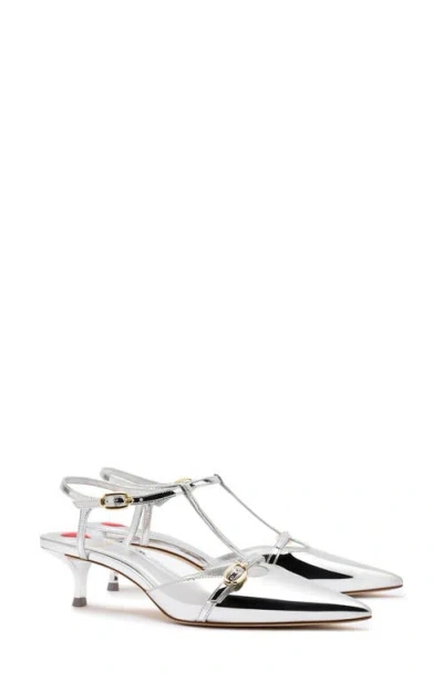 Larroude Larroudé Grace Ankle Strap Pointed Toe Kitten Heel Pump In Silver