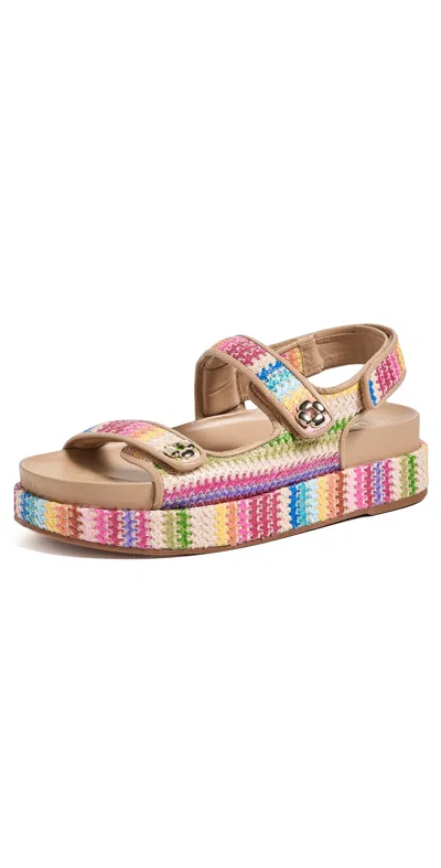 Larroude Jetty Sandals Pink Raffia Lace/beige Leather In Multi