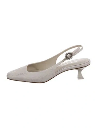Pre-owned Larroude Lace Pattern Crystal Embellishments Slingback Pumps W/ Tags In Grey