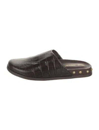 Pre-owned Larroude Leather Animal Print Mules In Brown