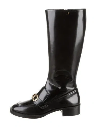 Pre-owned Larroude Leather Chain-link Accents Riding Boots In Black