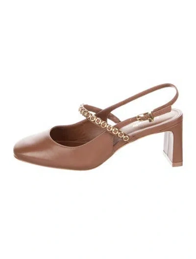 Pre-owned Larroude Leather Chain-link Accents Slingback Pumps In Brown