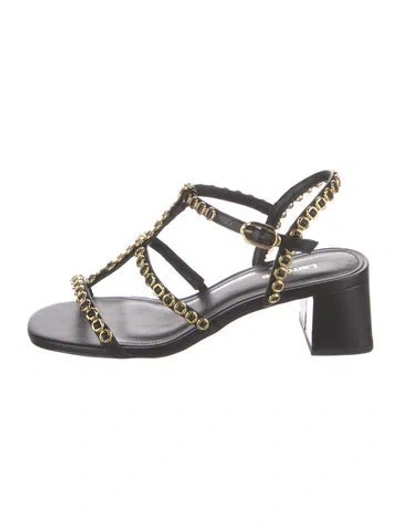 Pre-owned Larroude Leather Chain-link Accents T-strap Sandals In Black