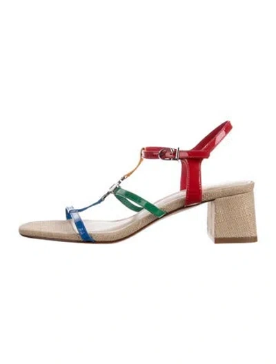 Pre-owned Larroude Leather Colorblock Pattern T-strap Sandals In Red