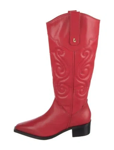 Pre-owned Larroude Leather Embroidered Accent Western Boots In Red