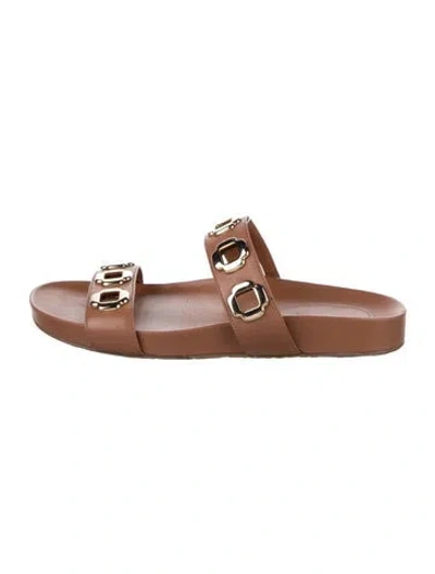 Pre-owned Larroude Leather Eyelet Trim Slides In Brown