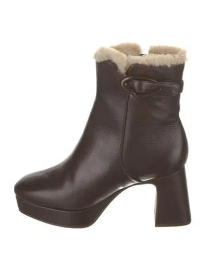 Pre-owned Larroude Leather Faux Fur Trim Boots In Brown