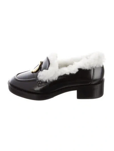 Pre-owned Larroude Leather Faux Fur Trim Loafers In Black