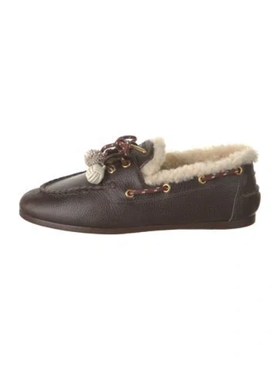Pre-owned Larroude Leather Faux Fur Trim Loafers In Brown