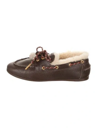 Pre-owned Larroude Leather Faux Fur Trim Loafers In Brown
