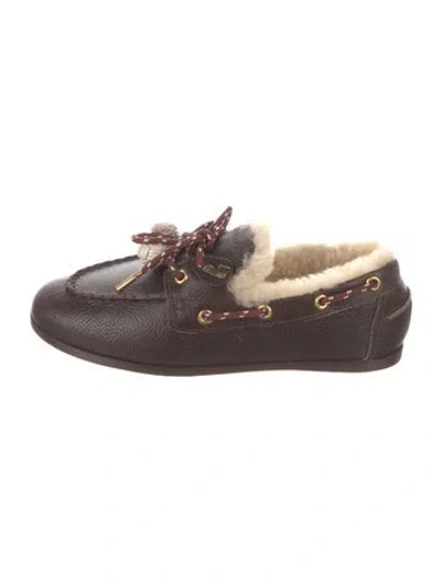 Pre-owned Larroude Leather Faux Fur Trim Moccasins In Brown