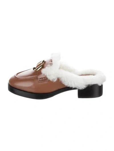 Pre-owned Larroude Leather Faux Fur Trim Mules In Brown