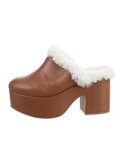 Pre-owned Larroude Leather Faux Fur Trim Mules In Brown