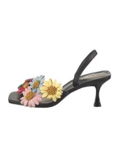 Pre-owned Larroude Leather Floral Print Sandals In Black