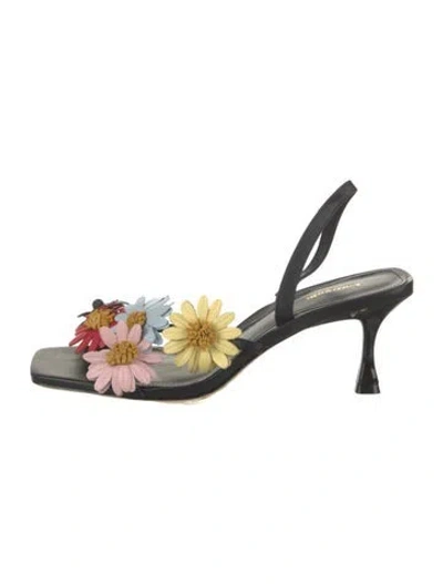 Pre-owned Larroude Leather Floral Print Sandals In Black