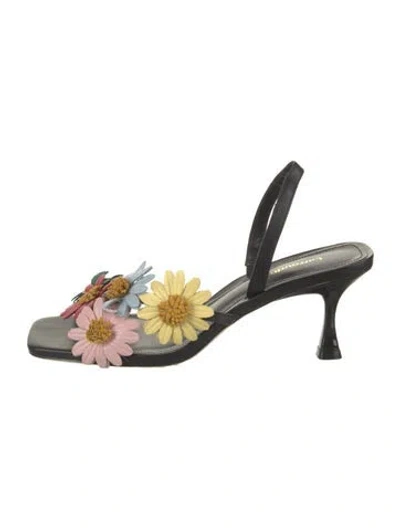 Pre-owned Larroude Leather Floral Print Sandals In Black