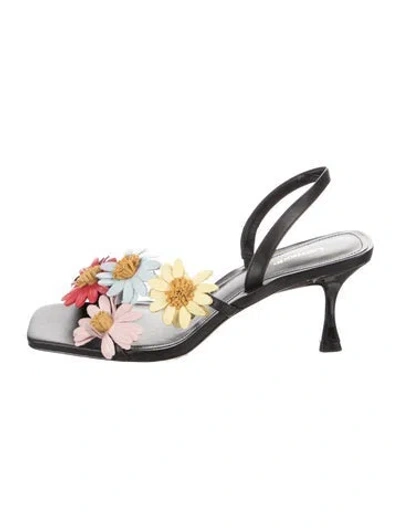 Pre-owned Larroude Leather Floral Print Sandals In Black