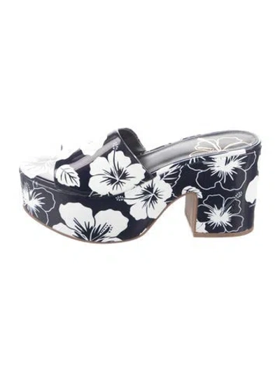 Pre-owned Larroude Leather Floral Print Slides In Blue
