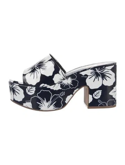 Pre-owned Larroude Leather Floral Print Slides In Blue