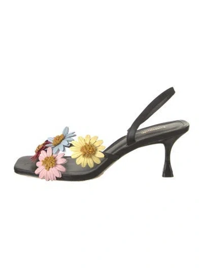 Pre-owned Larroude Leather Floral Print Slingback Sandals W/ Tags In Black