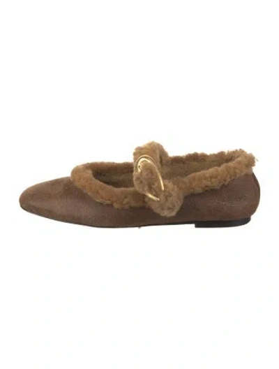 Pre-owned Larroude Leather Fur Trim Mary Jane Flats In Brown