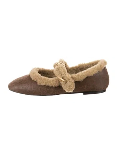Pre-owned Larroude Leather Fur Trim Mules In Brown
