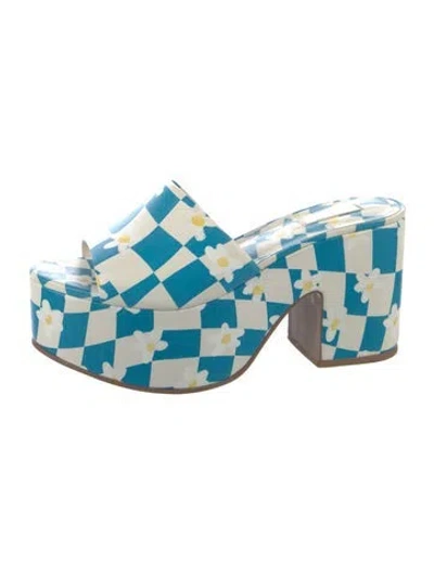 Pre-owned Larroude Leather Plaid Print Slides In Blue