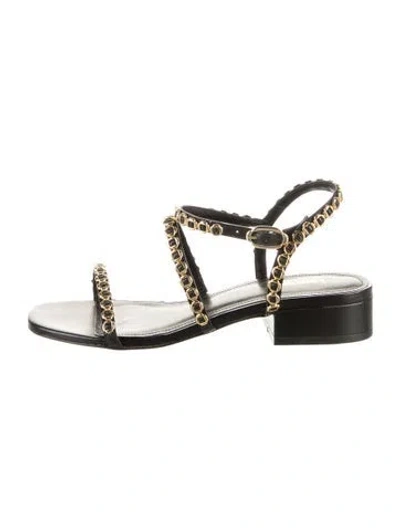 Pre-owned Larroude Leather Printed Slingback Sandals In Black