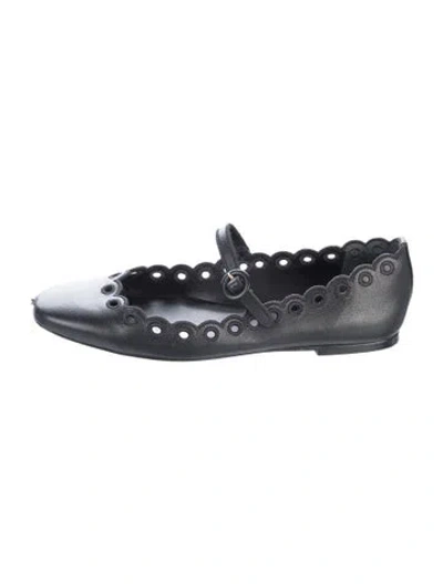 Pre-owned Larroude Leather Scalloped Accent Mary Jane Flats In Black