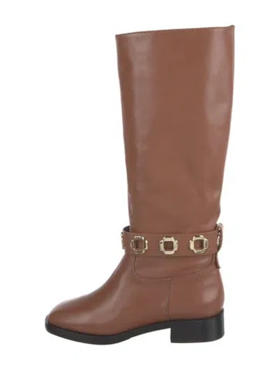 Pre-owned Larroude Leather Studded Accents Riding Boots In Brown