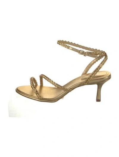 Pre-owned Larroude Leather Studded Accents Sandals In Gold