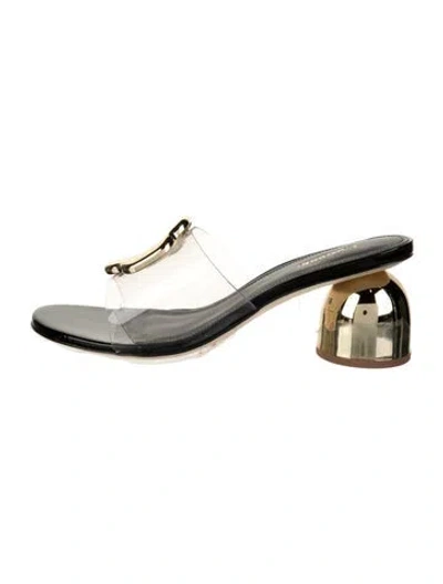 Pre-owned Larroude Leather Studded Accents Slides In Blue/gold