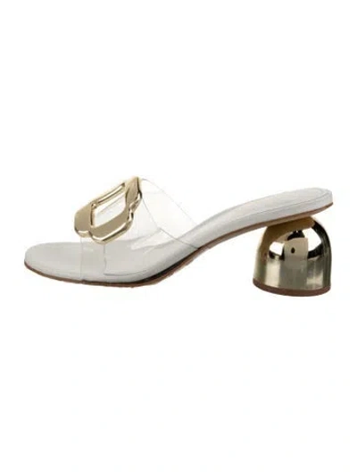 Pre-owned Larroude Leather Studded Accents Slides In Metallic/silver