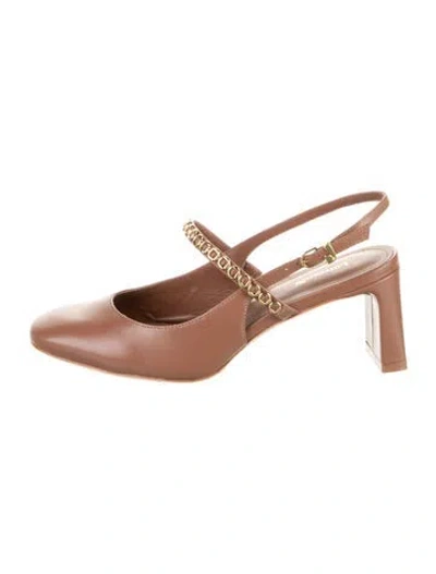 Pre-owned Larroude Leather Studded Accents Slingback Pumps In Brown