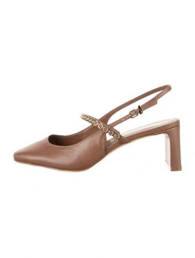 Pre-owned Larroude Leather Studded Accents Slingback Pumps In Brown