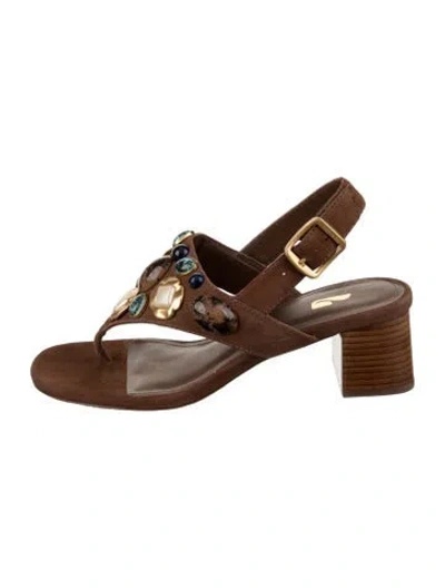 Pre-owned Larroude Leather Studded Accents T-strap Sandals In Brown