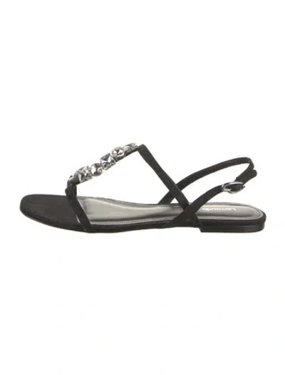 Pre-owned Larroude Leather Trim Embellishment T-strap Sandals In Black